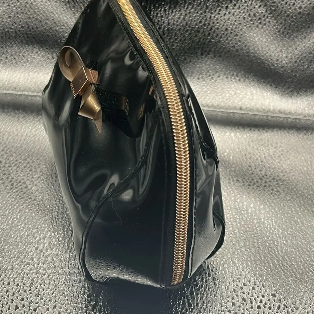 Ted Baker Bow Front Cosmetic Bag Black Patent Leather Rose Gold Hardware Travel